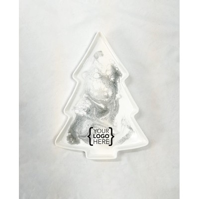 Christmas Tree Shaped Ceramic Tray Silver Tinsel