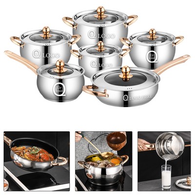 6-Piece Stainless Steel Pots Kitchen Set W/ Golden Handles