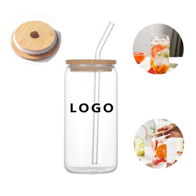 16 Oz Glass Can with Lid and Straw