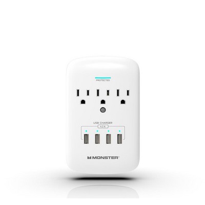 Monster Wall Plug 3 Outlet 4 Usb Surge Protector - White
