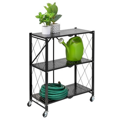 Honey-Can-Do Collapsible 3 Tier Metal Shelf On Wheels Black