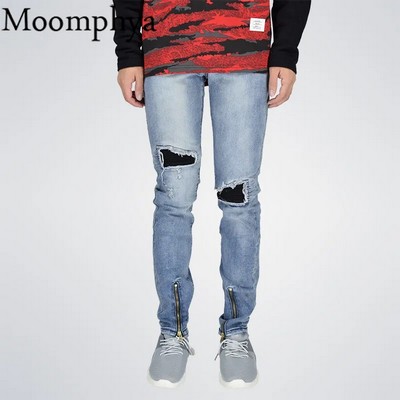 Men's Zipper Slim Fit Ripped Biker Jeans w/Pleated Patch