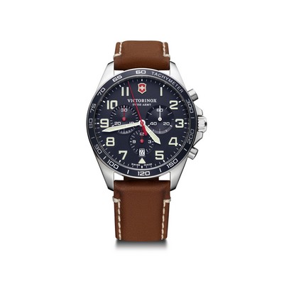 FieldForce Chrono 42mm, blue dial, brown leather strap