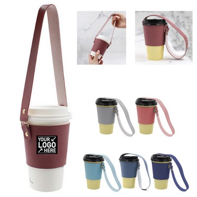 Reusable Leather Coffee Cup Holder with Strap