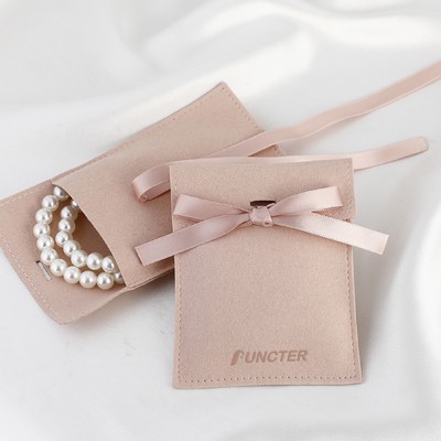 3.2" Elegant Suede Micro Fiber Jewelry Pouch Ribbon Bow Tie Closure Boutique Gift Pouch