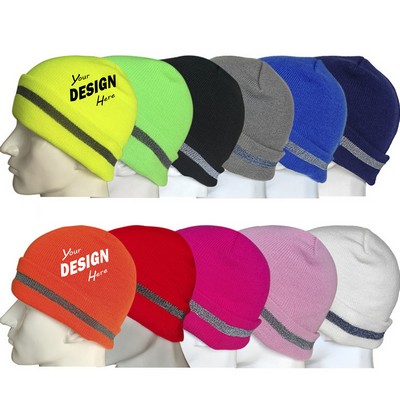 Acrylic Reflective Stripe Knitted Cuffed Safety Beanies