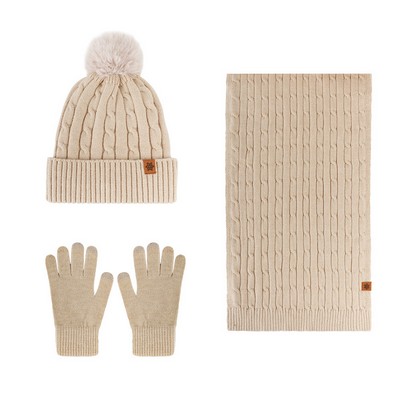 Women's Winter Warm Knitted Hat Scarf and Gloves Three Piece Ear Protection Cycling Set