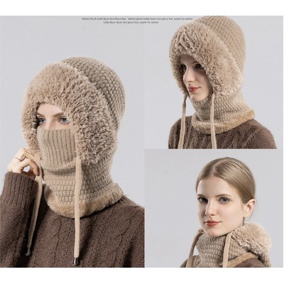 Women's All-in-One Winter Balaclava: Fleece Lined Knitted Hat Face Mask & Neck Warmer Outdoor