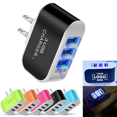 Universal 3 Port US Plug USB Wall Charger W/ LED Illuminated
