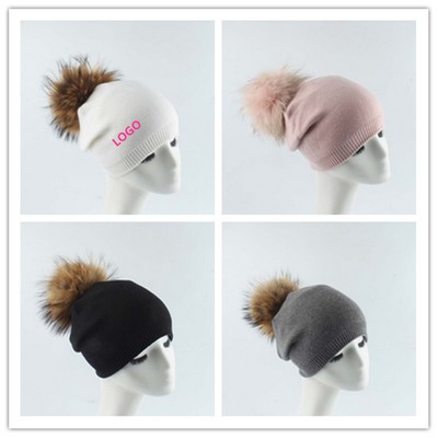Women Winter Hat Knitted Beanie Cap with Fur POM