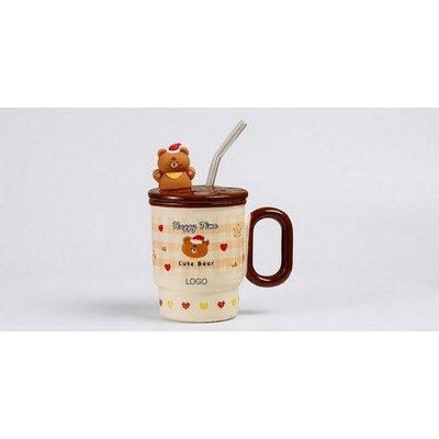 3D Cartoon Cat Ceramic Mug with Lid & Straw High-Aesthetic Home Water Cup Multi-Functional