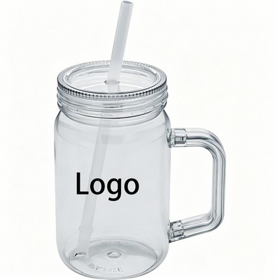 15oz Plastic Mason Jar Tumbler with Handle & Straw | Custom Logo Promotional Cup
