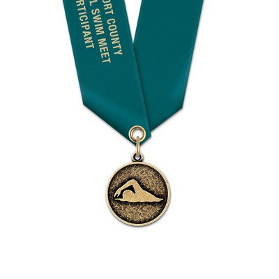 Stylized Swimmer Cast CX Medal w/Satin Neck Ribbon (1 1/8")