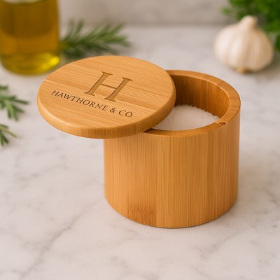 Engraved Bamboo Salt Box With Swivel Lid