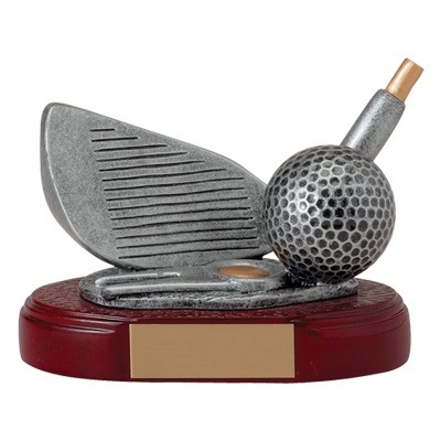 5" Resin Golf Trophy w/Iron Head & Dimpled Ball on Wood Base