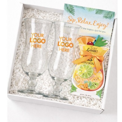 Hurricane Glass Set with Tropical Drink Mix Gift Box