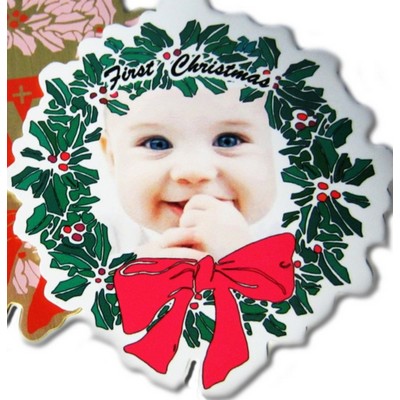 Full color sublimated custom shaped wreath ornament with assembled tassel or string.