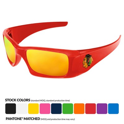 Wrap Mirror Sunglasses W/ Multi-Color Temple Imprint