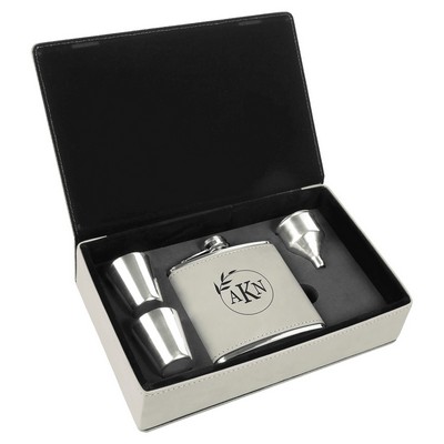 Faux Leather White Flask Gift Set, Engraved