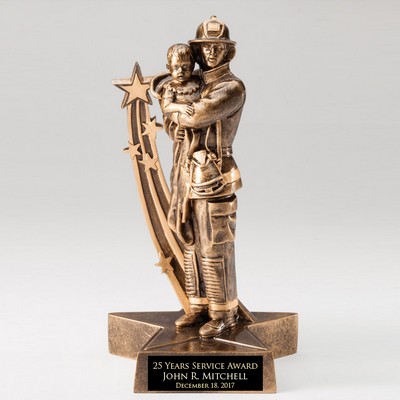 8 ¾" Antique Gold Finish Resin Fireman & Child Trophy