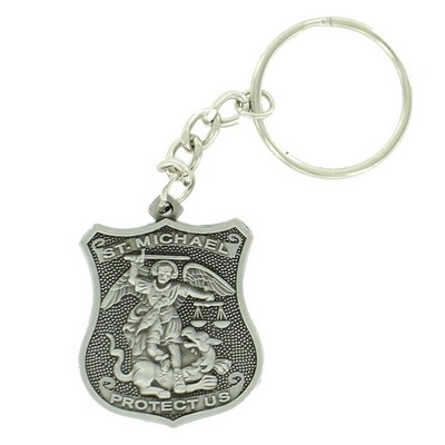 St. Michael Police Shield Antique Pewter Silver Finish Keychain