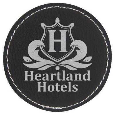 Round Engraved Patch with Adhesive, Black Faux Leather, 2 1/2" diameter