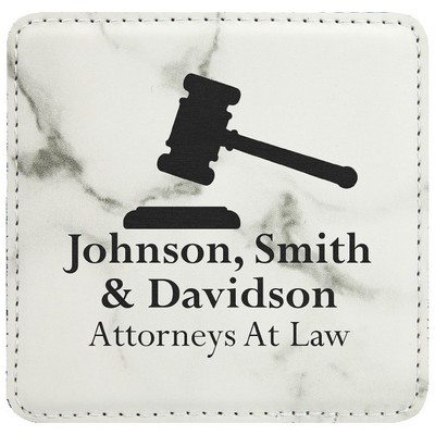 Square Coaster, White Marble Faux Leather, Engraved, 4x4"