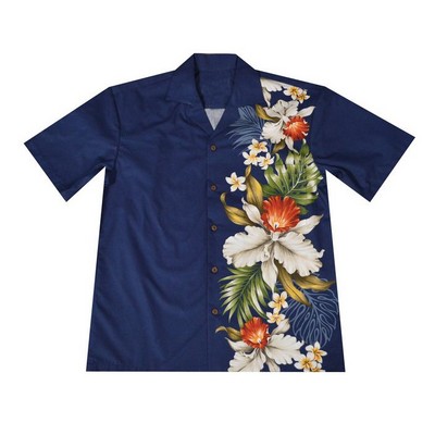 Hawaiian Vertical Print Shirt (S - 3XL) - 100% Cotton Poplin Tropical Flowers w/ Coconut Buttons