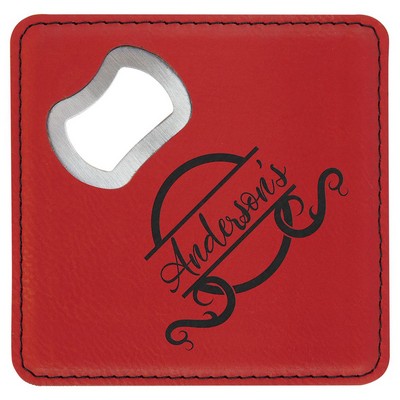 4" x 4" Square Red Leatherette Bottle Opener Coaster