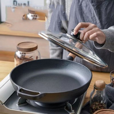 Wood Handle 10.63" Dia. Cast Iron Pan Frying Pan Uncoated Pancake Pan