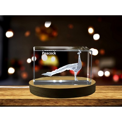 Peacock 3D Engraved Crystal Award Trophy w/LED Base
