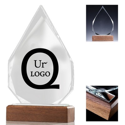 Water-Drop Shape K9 Crystal Award With Wooden Base
