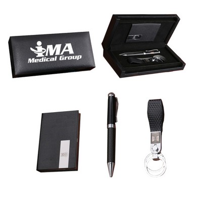 3Pcs Gift Case: Double Ring Key Chain, Carbon Fiber Pen & Business Card Case