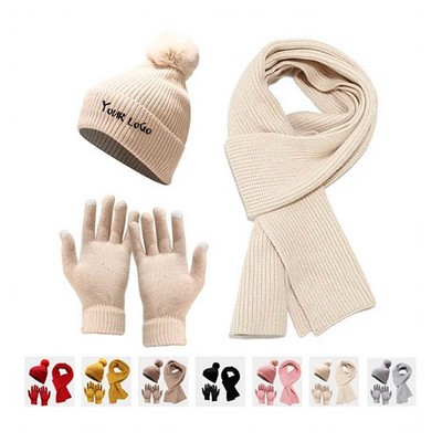 Winter Beanie Hat Scarf Gloves Set For Women