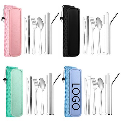 7" 1 Stainless Steel Knife Fork Spoon Chopsticks Straw Set