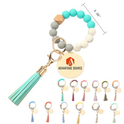 Silicone Beaded Wood Wristlet Keychain with Tassel