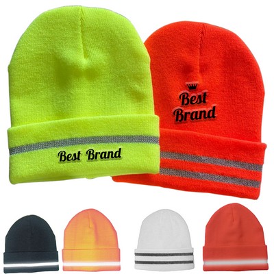 Knitted Embroidery Beanie With Reflective Stripe
