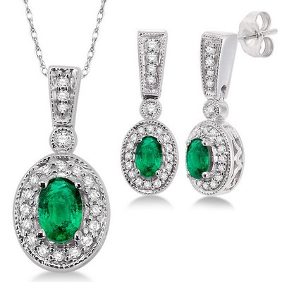 Jilco Emerald Diamond Earrings And Necklace Set