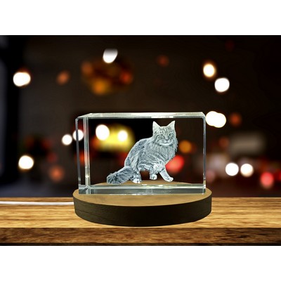 Turkish Angora Cat Trophy - 3D Engraved Crystal Sculpture w/LED Base Light