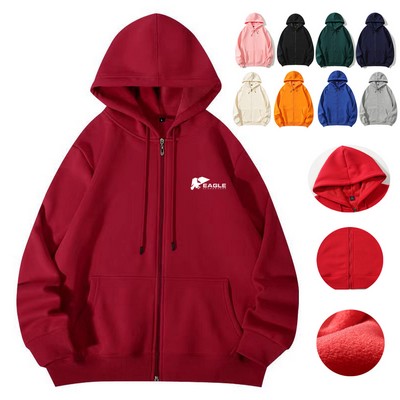 Unisex Zip-up Hooded Coat Black Basic Heavyweight Cotton Winter Autumn