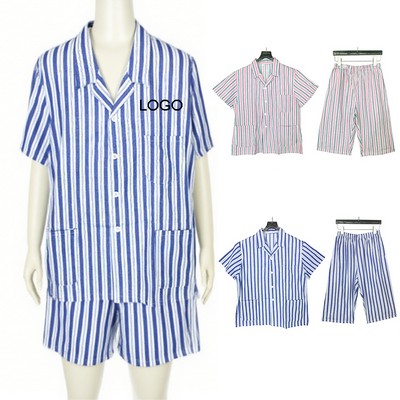 Cotton Unisex Stripes Short Sleeves Pajamas Suit Op Shorts Set