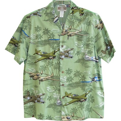 Hawaiian Tropical Military Print Green Shirt Airplanes Circa WWII (S - 3XL IN STOCK)