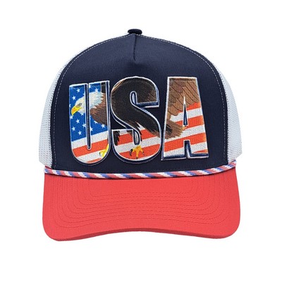 USA Flag Eagle Trucker Hat with Hybrid Print-on-Embroidery Logo