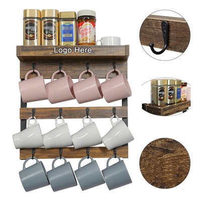 12 Hooks Rustic Wood Coffee Mug Rack Wall Mounted