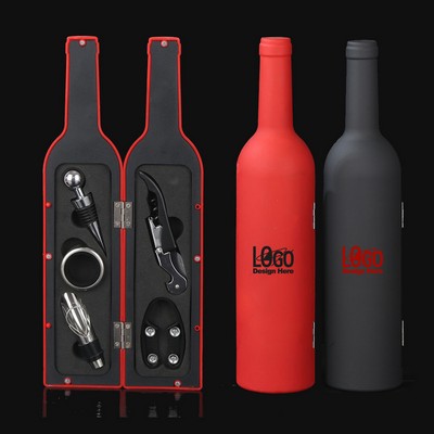 5Pcs Bottle Shaped Case Wine Opener Kit W/ Corkscrew Stopper & Foil Cutter