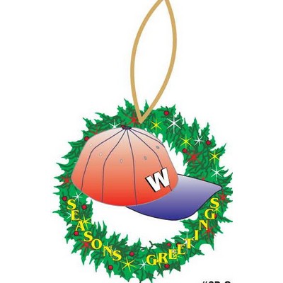 Baseball Cap & Wreath Ornament w/ Clear Mirrored Back (6 Square Inch)