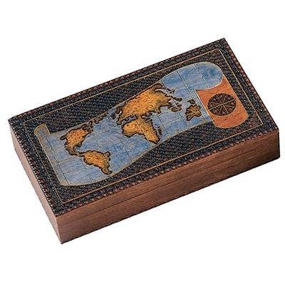 Wood Box w/Scroll World Map (8 1/8"x4 1/2"x1 5/8")