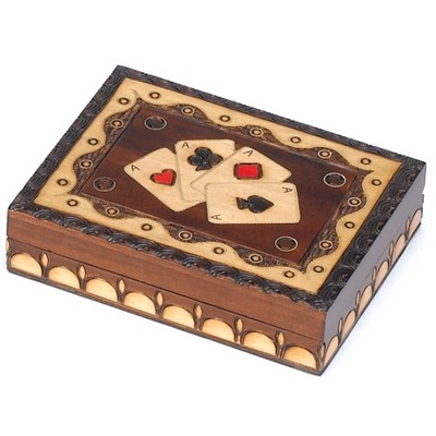 Playing Card Box w/4 Ace & Border On Lid (6 1/4"x4 3/4"x1 1/2")