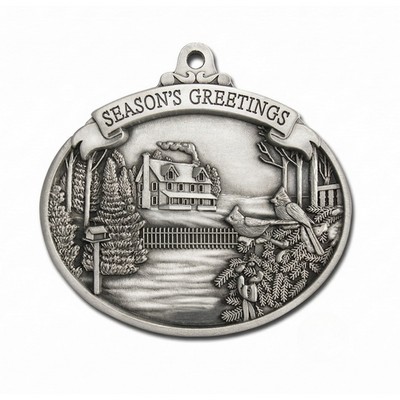 Mini Stock Design Season's Greetings Outdoor Winter Scene Pewter Ornament