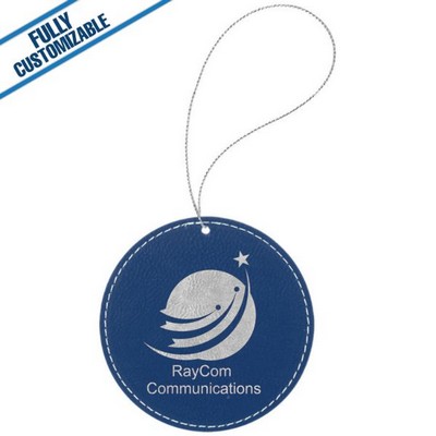 Blue & Silver Leatherette - Ornament With Silver String - Round